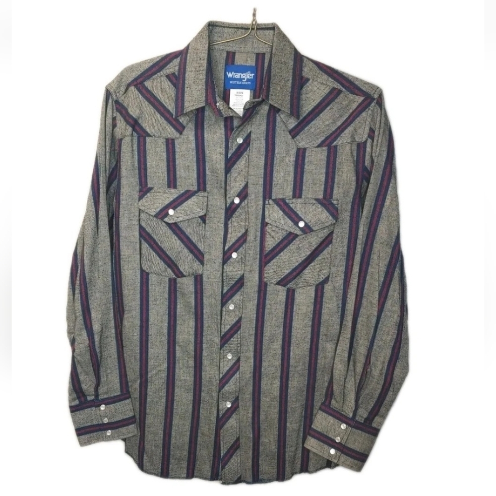 Vtg Wrangler Pearl Snap Flannel Shirt Men Med Gray Striped Southwest Cowboy Nwot